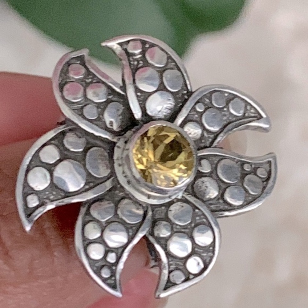 🌺 Gorgeous 925K Solid Sterling Silver Citrine Dot Flower Boho Ring Sz 6.5